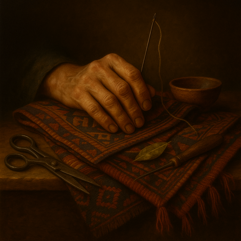 Portrait of a Hand and Needle on Woven Textile